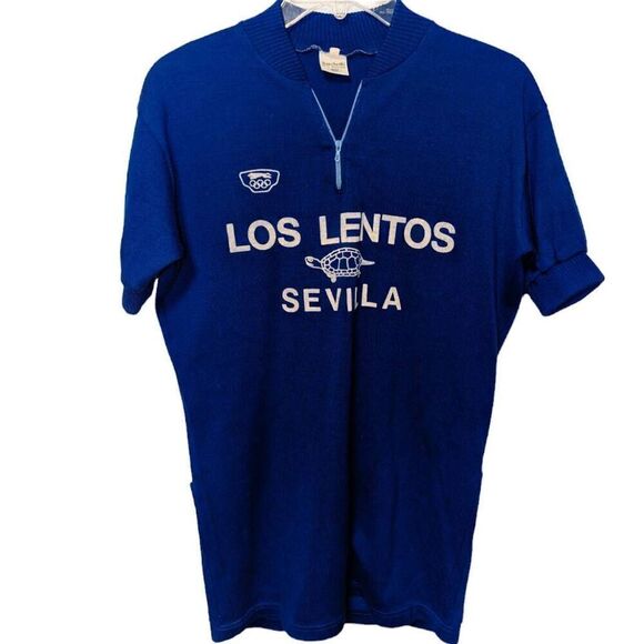 Vtg Sancheski Cycling Jersey Sz Small Blue 1/4 Zip Wool Hole at Shoulder Seam - Picture 1 of 13